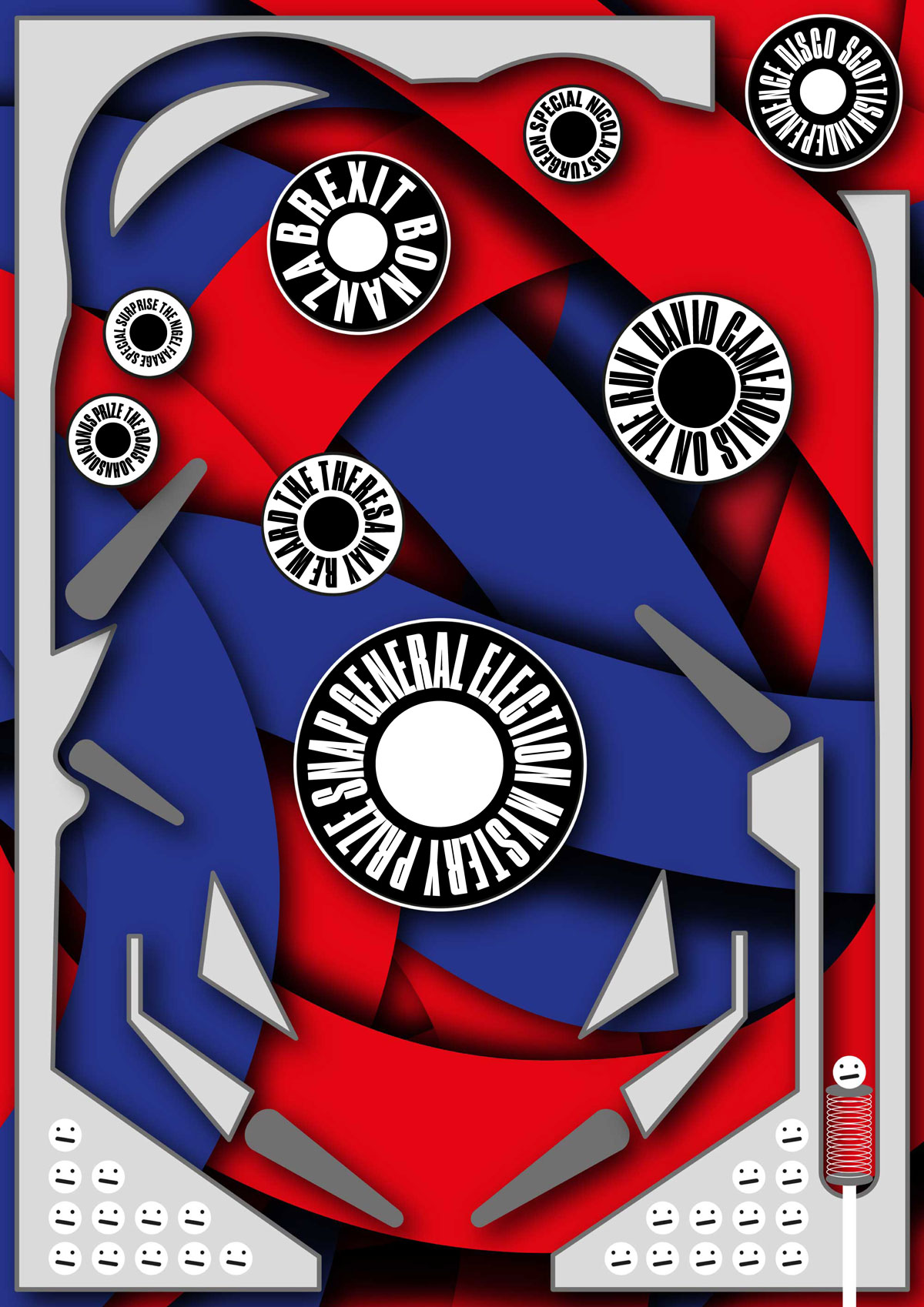 Pinball Politics, commentary comparing British politics to a game of pinball. Completed during work=shop with Niklaus Troxler, Chaumont Design Graphique